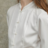 Famecoco Satin Mandarin Collar Blouse with Pearl Buttons