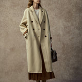 Famecoco Double-Face 100% Wool Long Coat with Contrast Cuffs