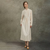 Famecoco Mandarin Collar Embroidered Cotton Midi Dress