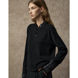 Famecoco Embroidered Cuff Mandarin Collar Blouse