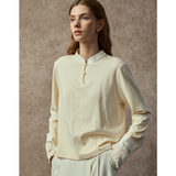 Famecoco Embroidered Cuff Mandarin Collar Blouse