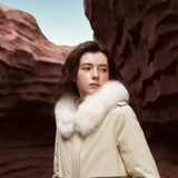 Famecoco Long Down Coat with Fox Fur Collar