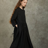 Famecoco High-Waist Relaxed Midi Dress with Half Sleeves