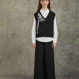 Famecoco Embroidered High-Waist Wide-Leg Pants