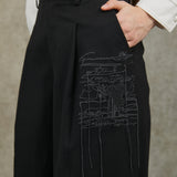 Famecoco Embroidered High-Waist Wide-Leg Pants
