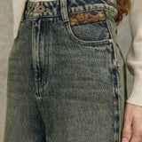 Famecoco 100% Cotton Vintage High-Waist Straight Jeans