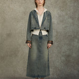 Famecoco Washed Denim Blazer & Skirt Set