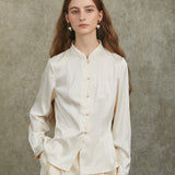 Famecoco Satin Mandarin Collar Blouse with Pearl Buttons