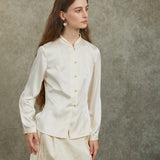 Famecoco Satin Mandarin Collar Blouse with Pearl Buttons