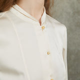 Famecoco Satin Mandarin Collar Blouse with Pearl Buttons