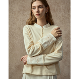 Famecoco Embroidered Cuff Mandarin Collar Blouse