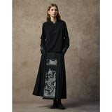 Famecoco Embroidered Cuff Mandarin Collar Blouse