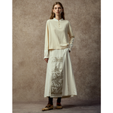 Famecoco Embroidered Cuff Mandarin Collar Blouse