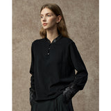Famecoco Embroidered Cuff Mandarin Collar Blouse