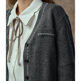 Famecoco Gold-Thread Wool Blend V-Neck Cardigan