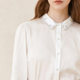 Famecoco Soft Lyocell Embroidered Collar Blouse