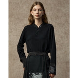 Famecoco Embroidered Cuff Mandarin Collar Blouse