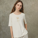 Famecoco Soft Floral Embroidered T-Shirt