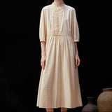 Famecoco 100% Cotton Midi Dress with Mandarin Collar