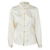 Famecoco Satin Mandarin Collar Blouse with Pearl Buttons