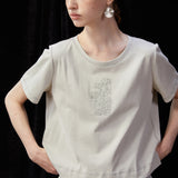 Famecoco Chic Cotton Embroidered Cropped  T-Shirt