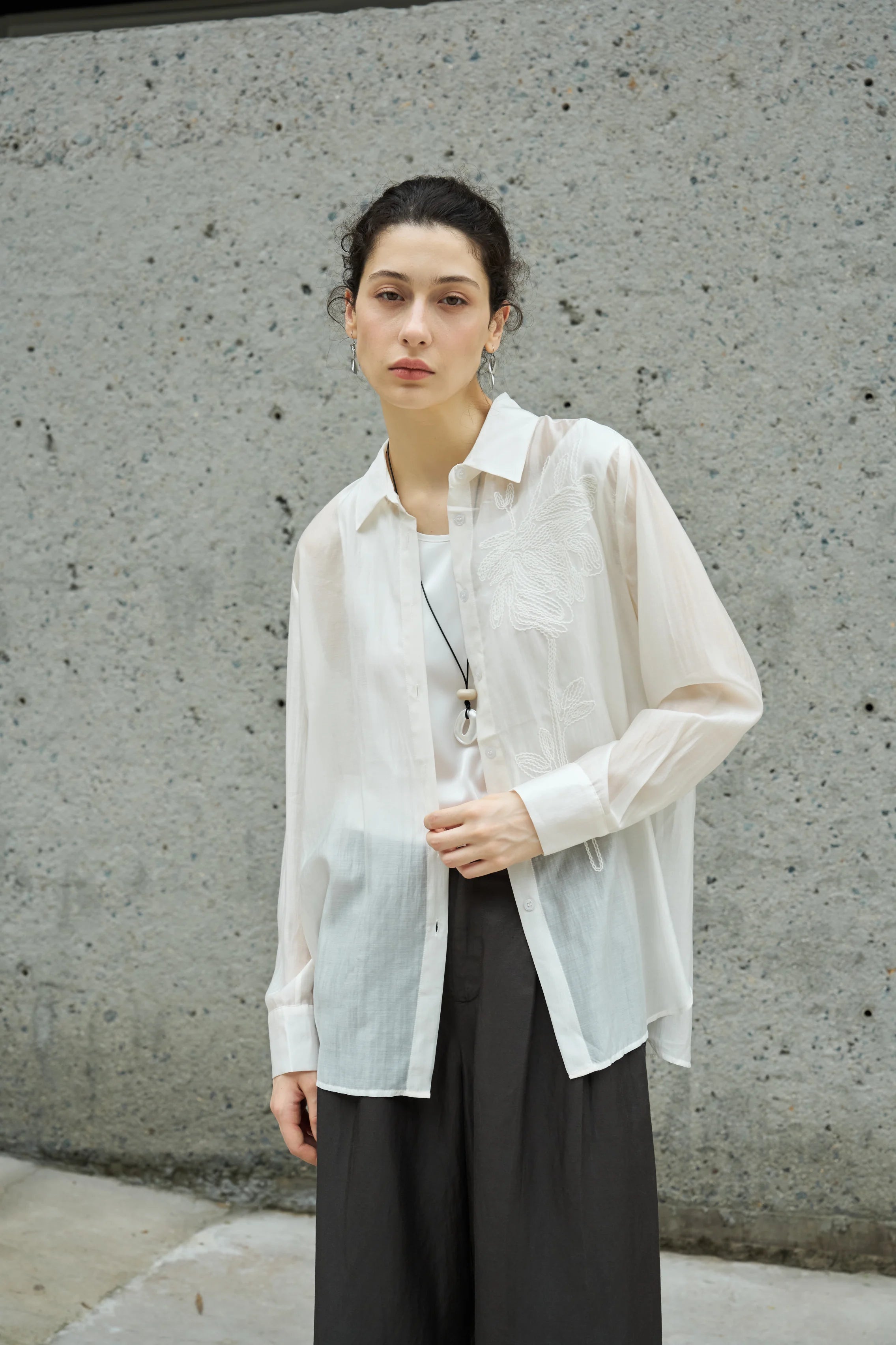 Lyocell Sheer Button-Up Shirt L