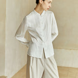 Famecoco Satin Mandarin Collar Blouse with Pearl Buttons