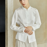 Famecoco Satin Mandarin Collar Blouse with Pearl Buttons