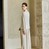 Famecoco Satin Mandarin Collar Blouse with Pearl Buttons