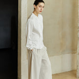 Famecoco Satin Mandarin Collar Blouse with Pearl Buttons