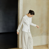Famecoco Satin Mandarin Collar Blouse with Pearl Buttons