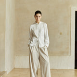 Famecoco Satin Mandarin Collar Blouse with Pearl Buttons