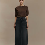 Famecoco Cotton Denim A‑Line Midi Skirt