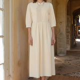 Famecoco 100% Cotton Midi Dress with Mandarin Collar