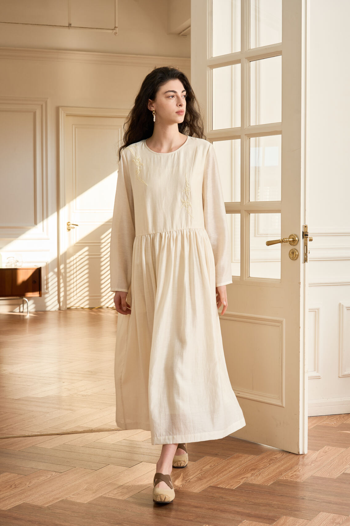 long sleeve embroidered maxi dress Thea Embroidered Maxi Dress Long Sleeves and Tassels Grey/Turquoise M/L