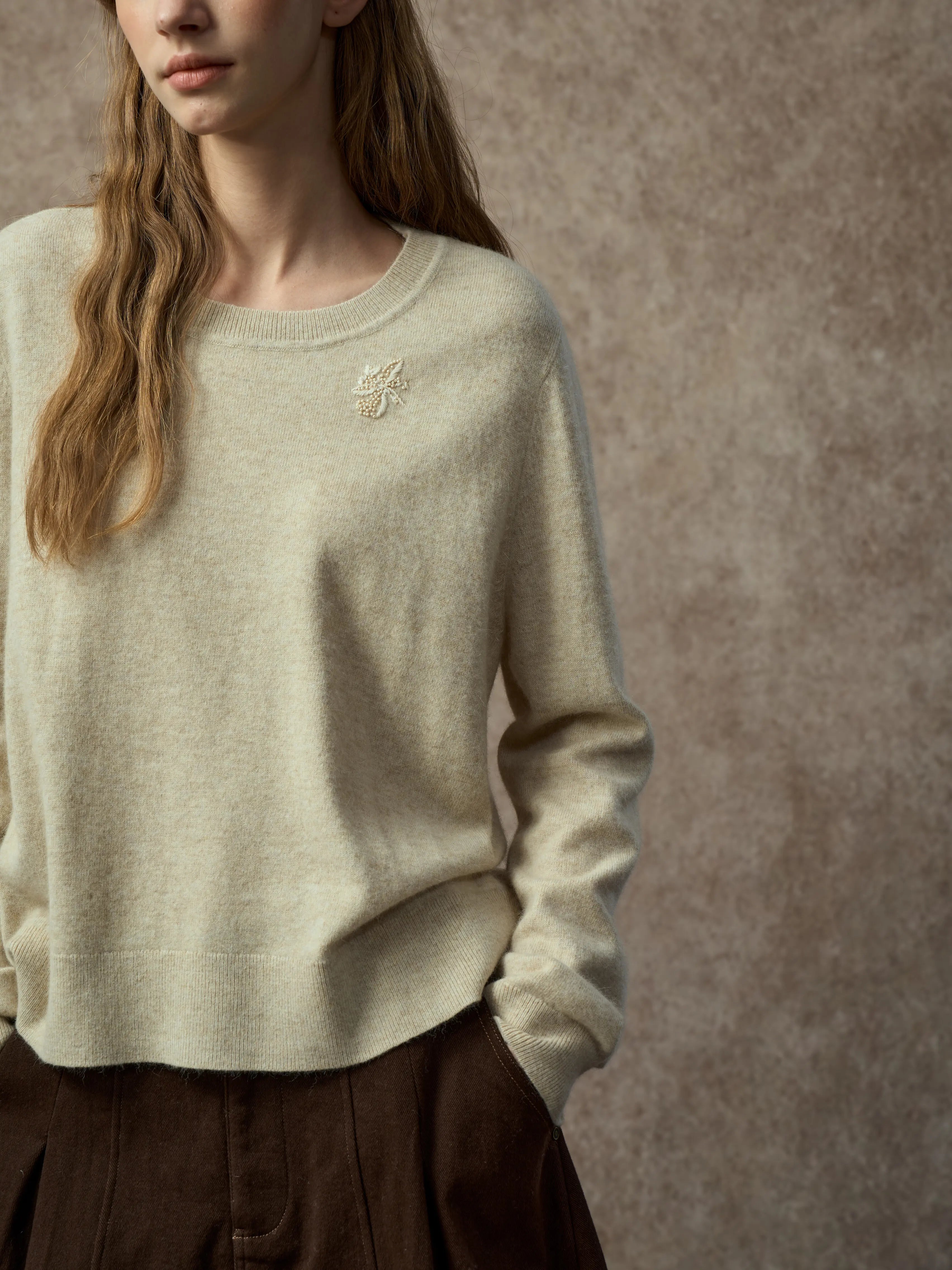 Famecoco Soft Wool Blend Pullover with Bead Detail