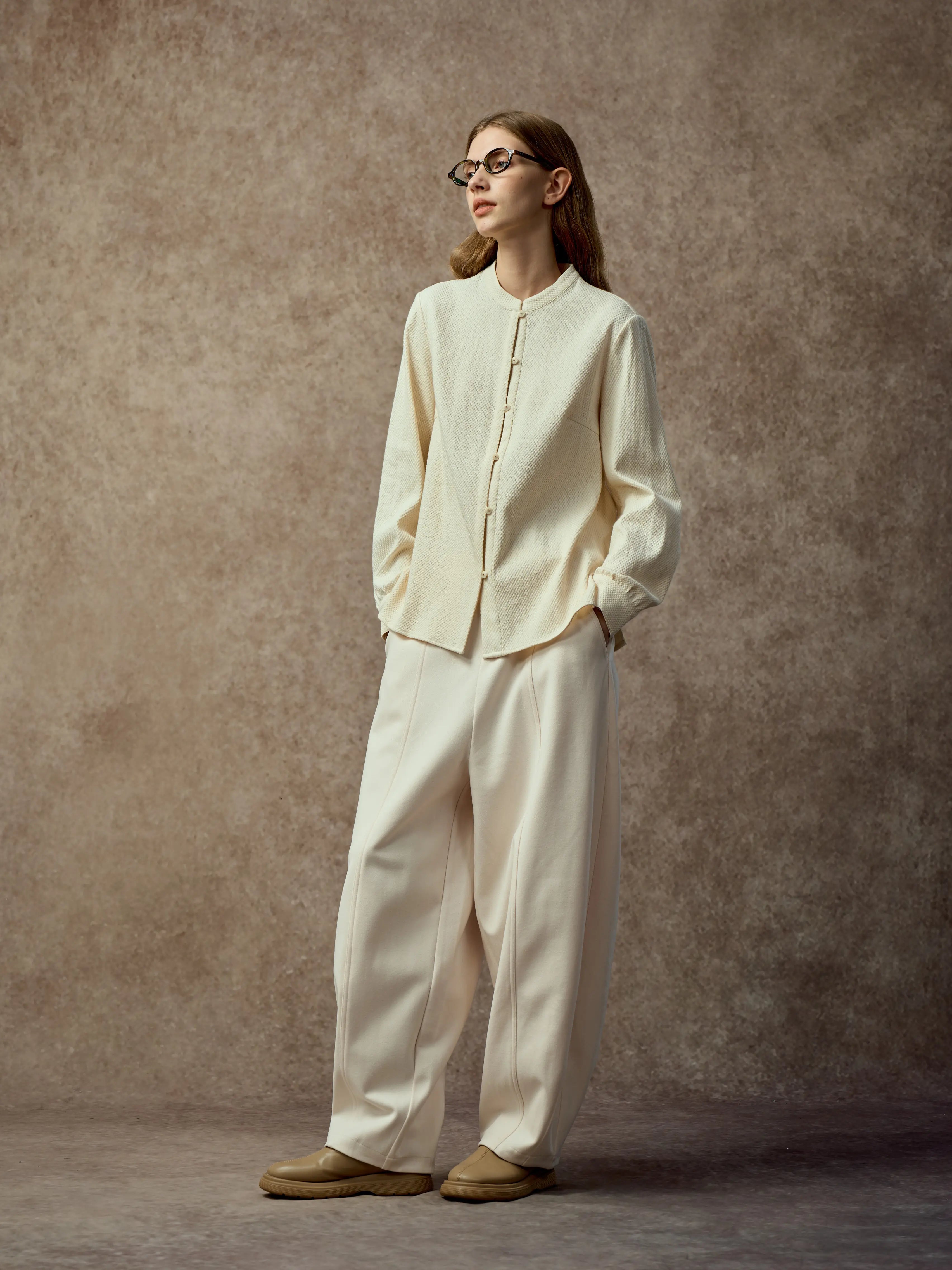 Famecoco Chic Mandarin Collar Textured Blouse