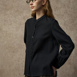 Famecoco Chic Mandarin Collar Textured Blouse
