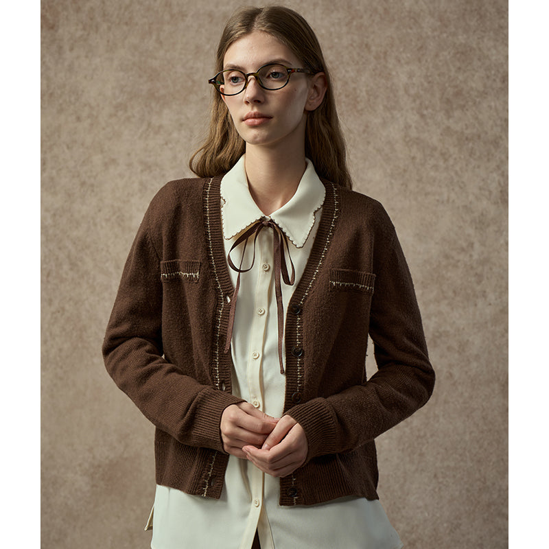 Famecoco Gold-Thread Wool Blend V-Neck Cardigan