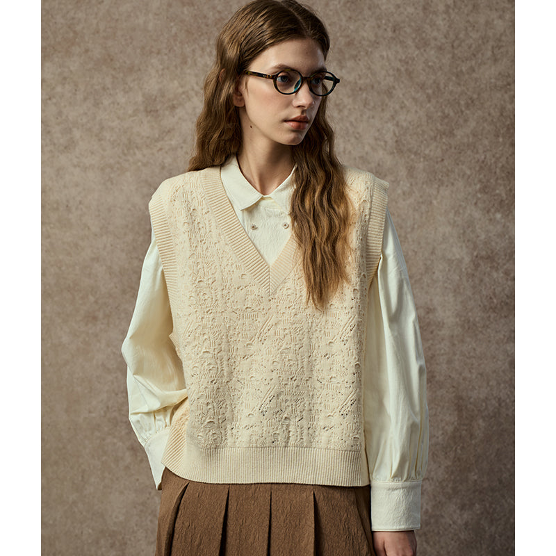 Famecoco Textured Wool Blend V‑Neck Vest