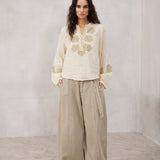 Paisley Embroidery Ramie Popover Blouse