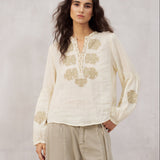 Paisley Embroidery Ramie Popover Blouse
