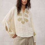 Paisley Embroidery Ramie Popover Blouse