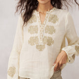 Paisley Embroidery Ramie Popover Blouse