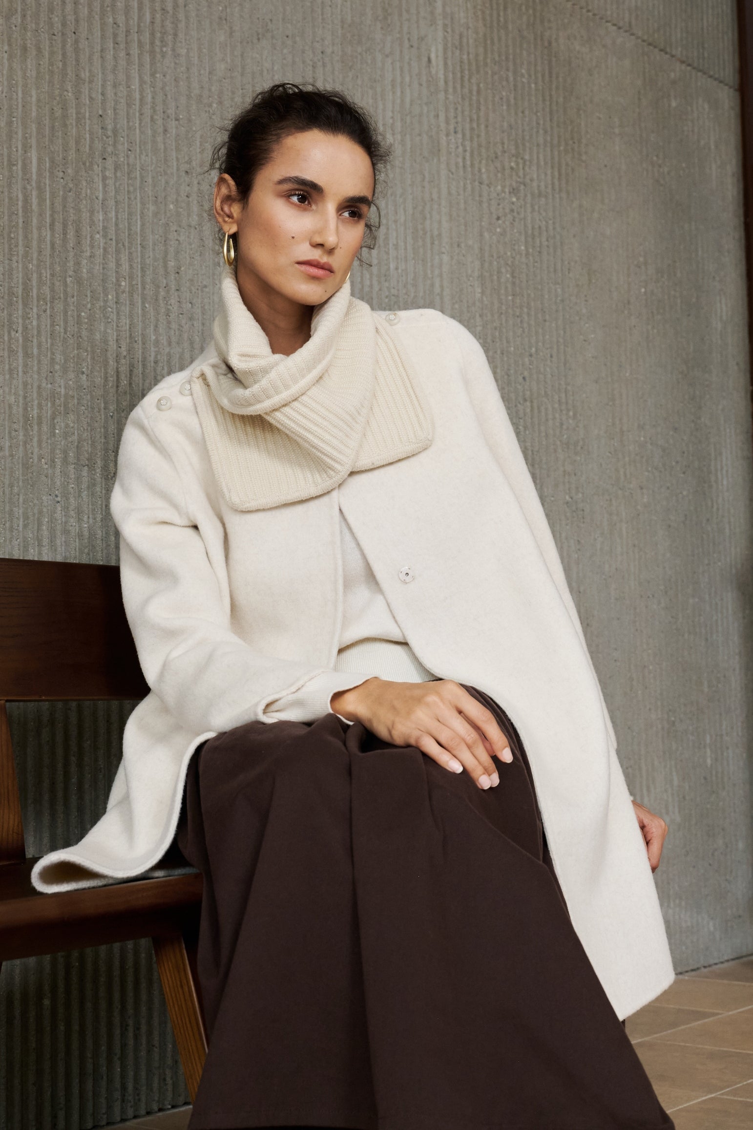 Wool Lyocell Coat with Knit Scarf