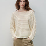 A woman stands on gray stone stairs against a light gray wall, wearing a cream ribbed knit sweater and wide-leg tan pants with white shoes.