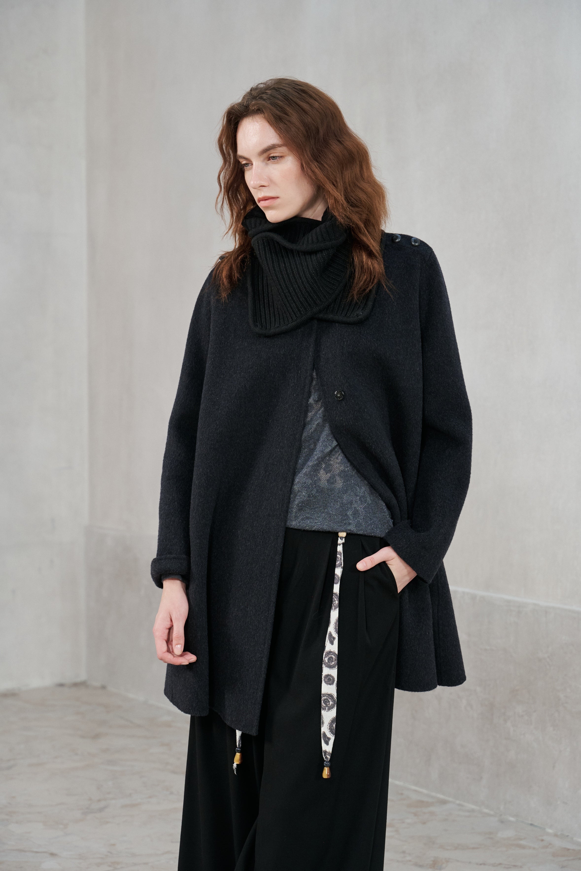 Wool Lyocell Coat with Knit Scarf