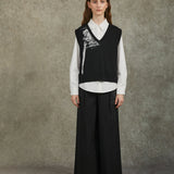 Famecoco Embroidered High-Waist Wide-Leg Pants