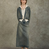 Famecoco Washed Denim Blazer & Skirt Set