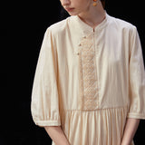 Famecoco 100% Cotton Midi Dress with Mandarin Collar